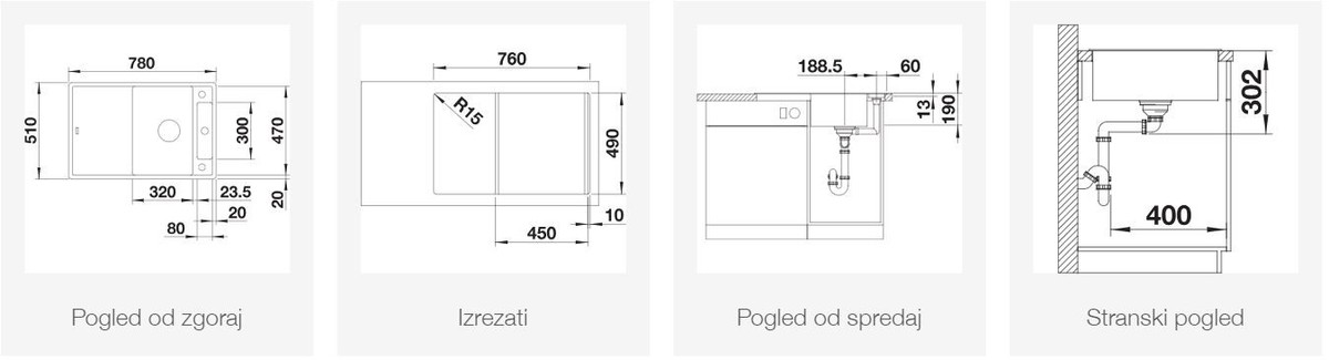 BLANCO AXIA III 45 S, obračljiv, skalnato siva, steklena deska 523184
