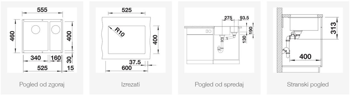 BLANCO SUBLINE 340/160-U, levi, antracit 523548