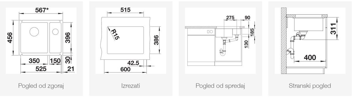 BLANCO SUBLINE 350/150-U, črn, keramika PuraPlus 523747