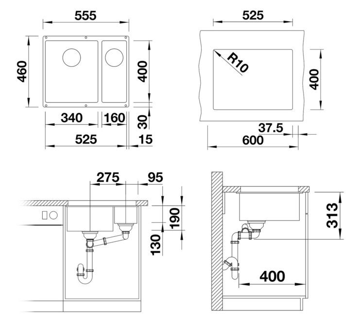 BLANCO SUBLINE 340/160-U brez odtoka, desni, soft bela 527812