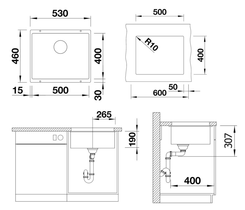 BLANCO SUBLINE 500-U brez odtoka, skalnato siva 527798